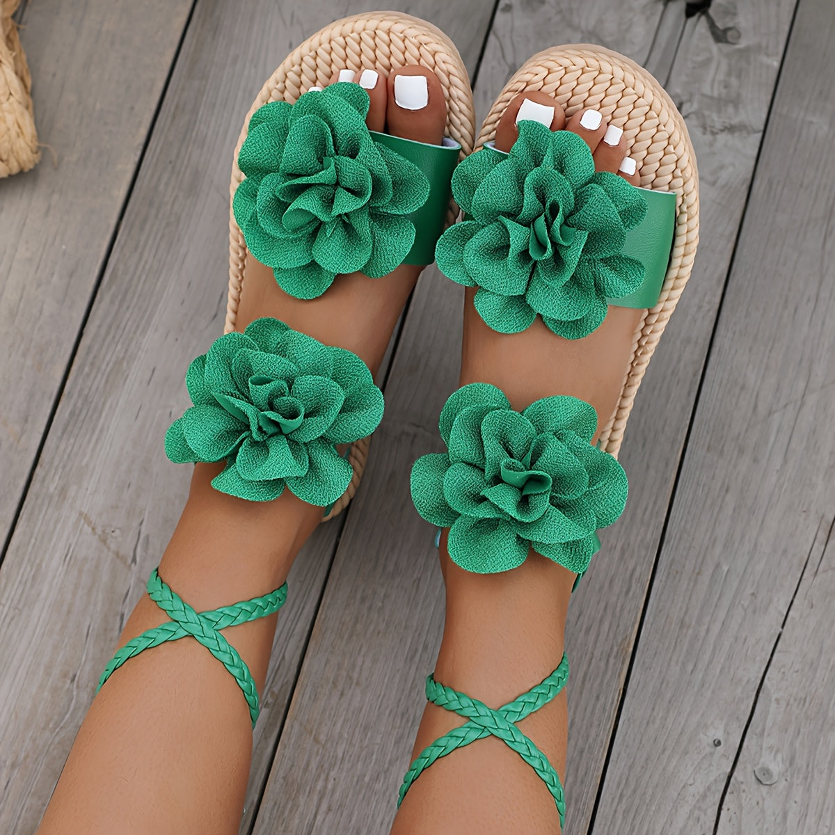 Women's Double Floral Ankle Strap Sandals Lightweight Flat Summer Beach Shoes