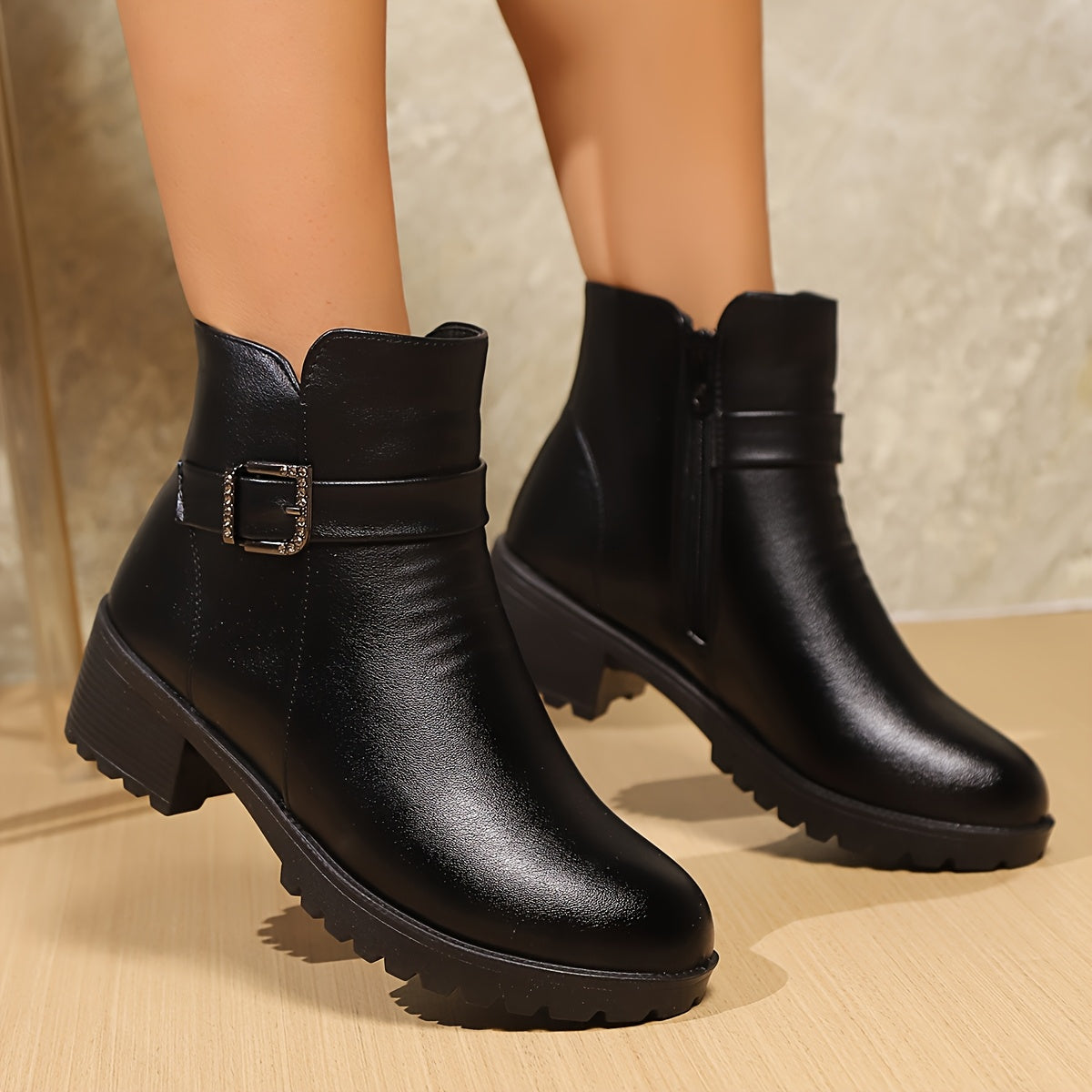 Women's Faux Leather Ankle Zipper Boots Slim Toe Low Block Heel All-Season