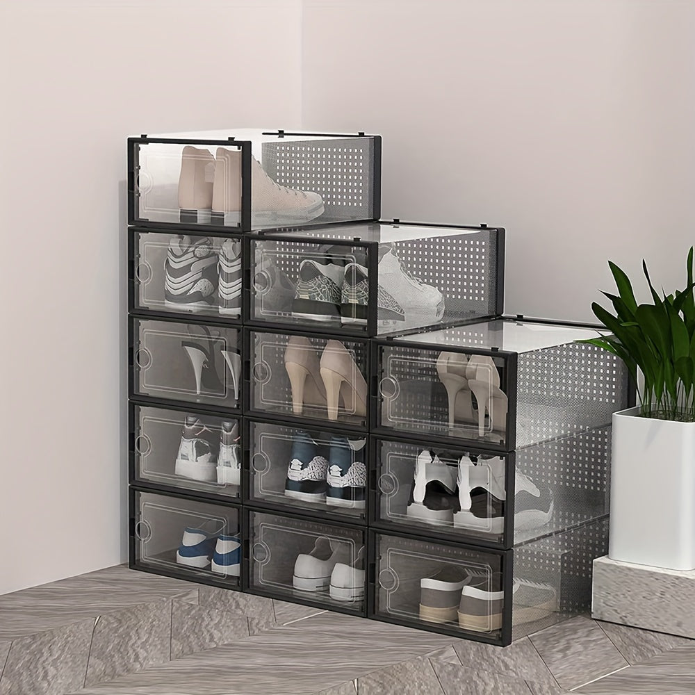 Set of 6 or 12 Clear Plastic Shoe Storage Boxes Dustproof Stackable Foldable