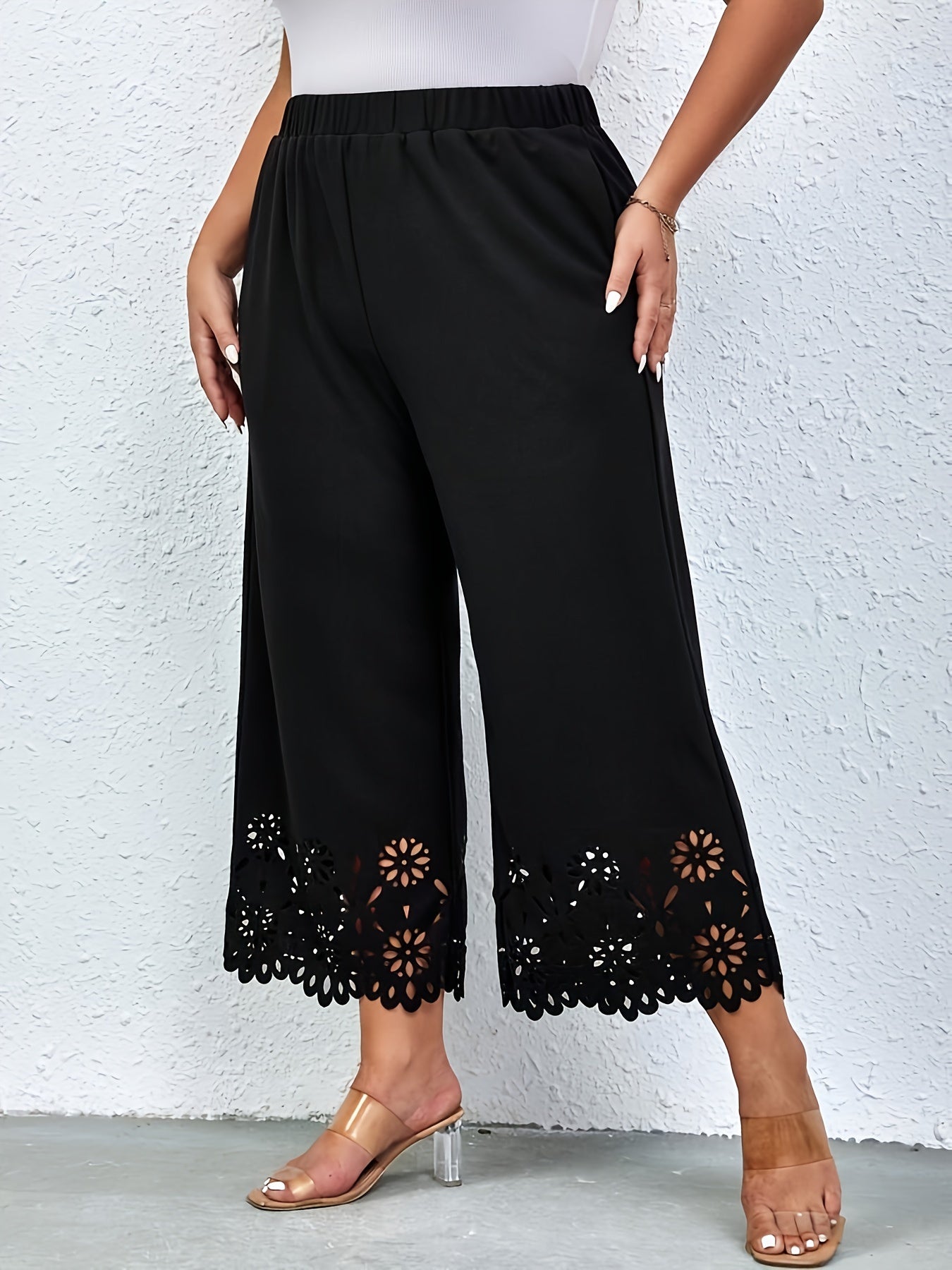 Plus Size Lace Trim Wide Leg Pants Casual Elastic Waist Spring Summer Womens