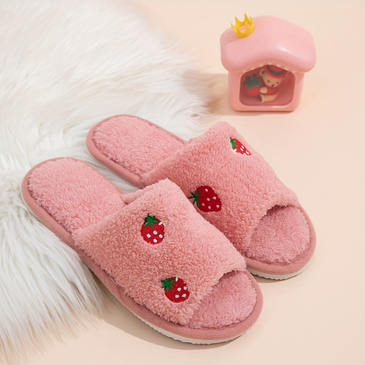 Women’s Strawberry Embroidered Open-Toe Slippers with Non-Slip EVA Sole