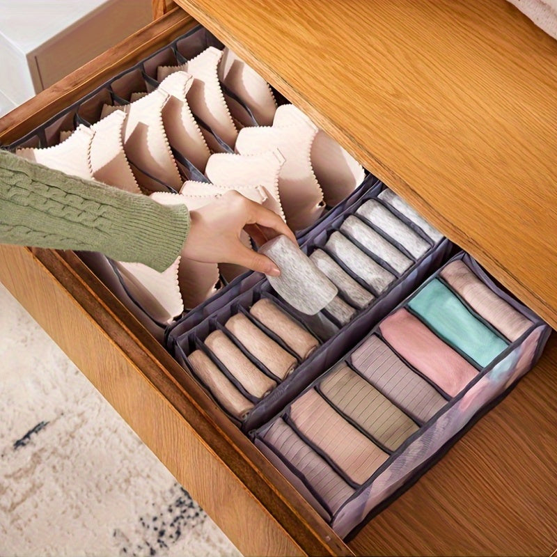 Juego de tres organizadores de cajones plegables de poliéster con 6/7/11 compartimentos para calcetines, sujetadores, corbatas y ropa interior