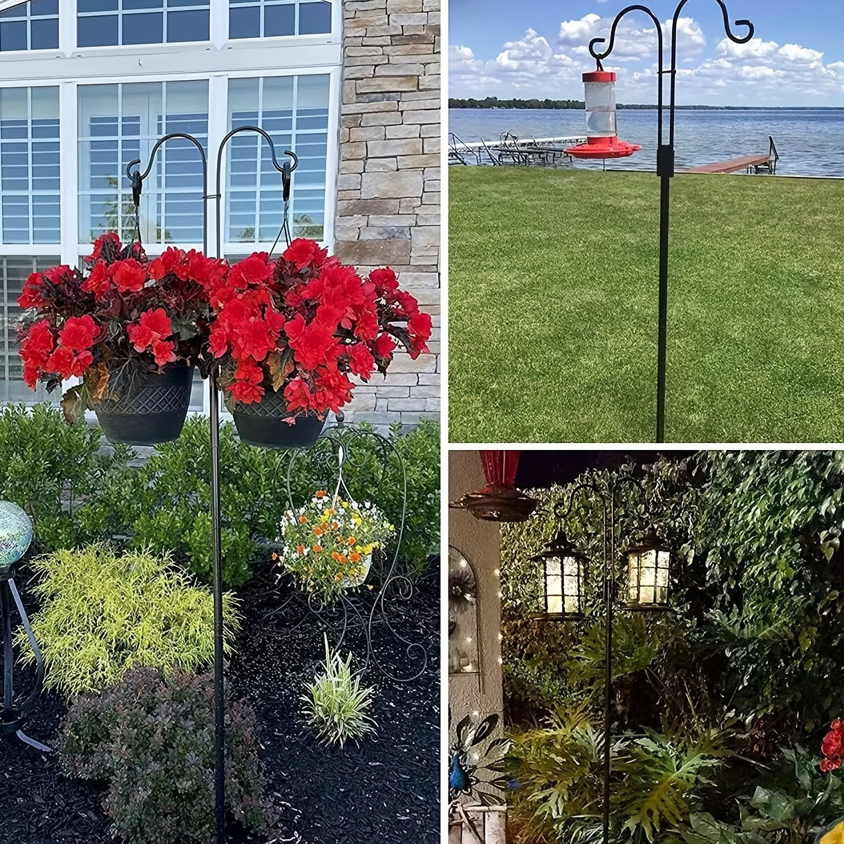 Outdoor Double Hook for Bird Feeders Plants Lanterns Metal Garden Pole with 5-Claw Base