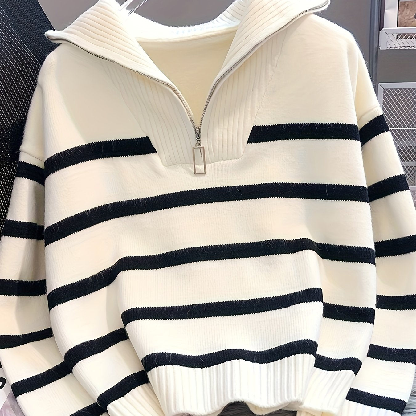 Women's Striped Zip-Up Sweater with High Neck, Long Sleeves, Spring Fall Casual Knit