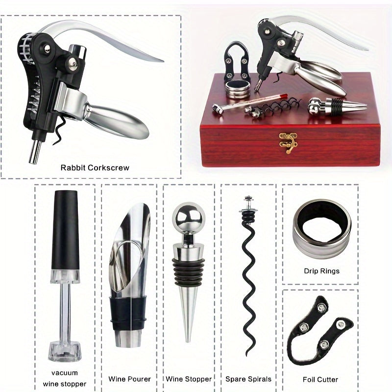 9-ta qismdan iborat zanglamaydigan po'latdan yasalgan sharob ochgich to'plami, qopqog'ni ochuvchi, folga kesuvchi, quyish moslamasi, vakuum yopgich