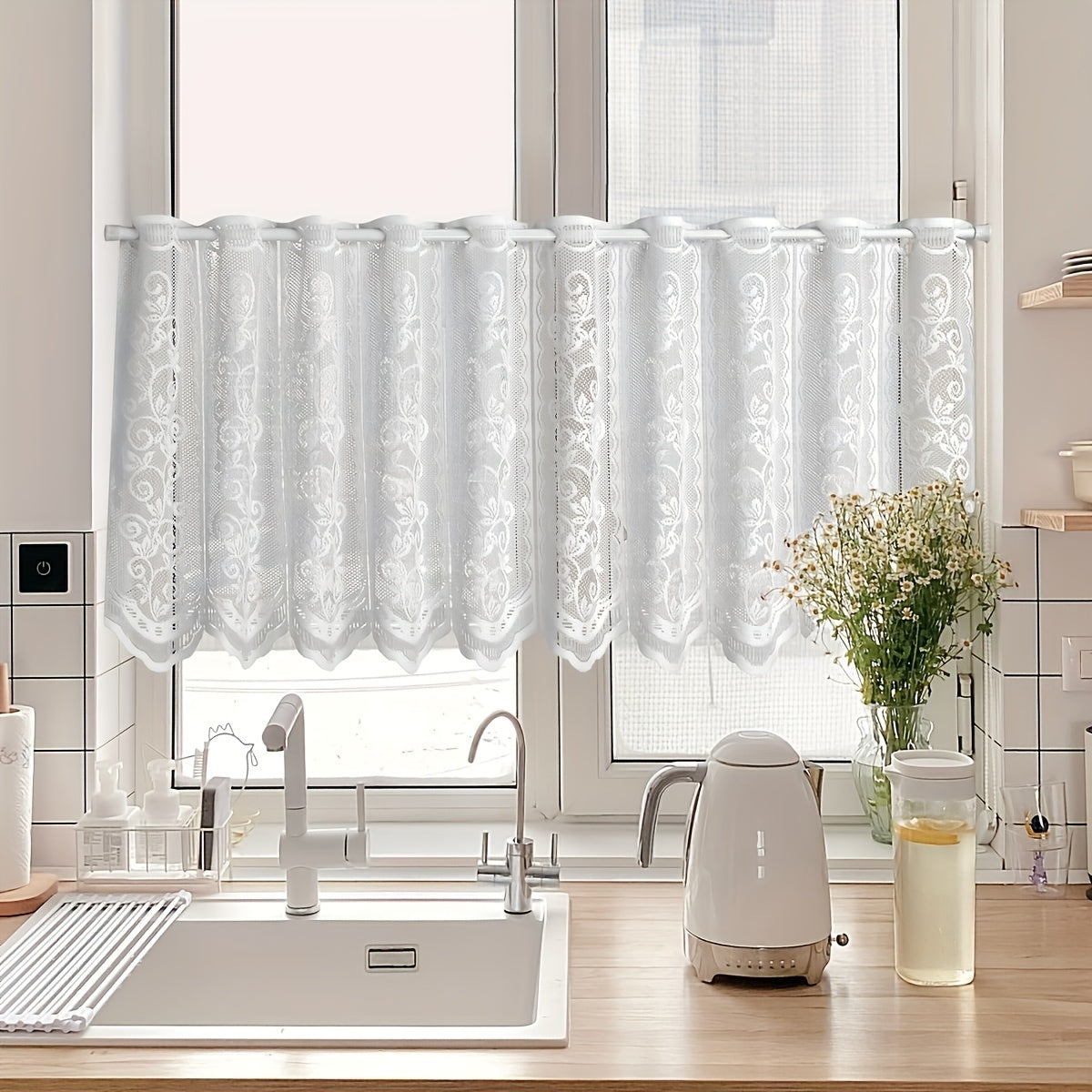 White Lace and Floral Mesh Cafe Curtain for Kitchen and Window Decor