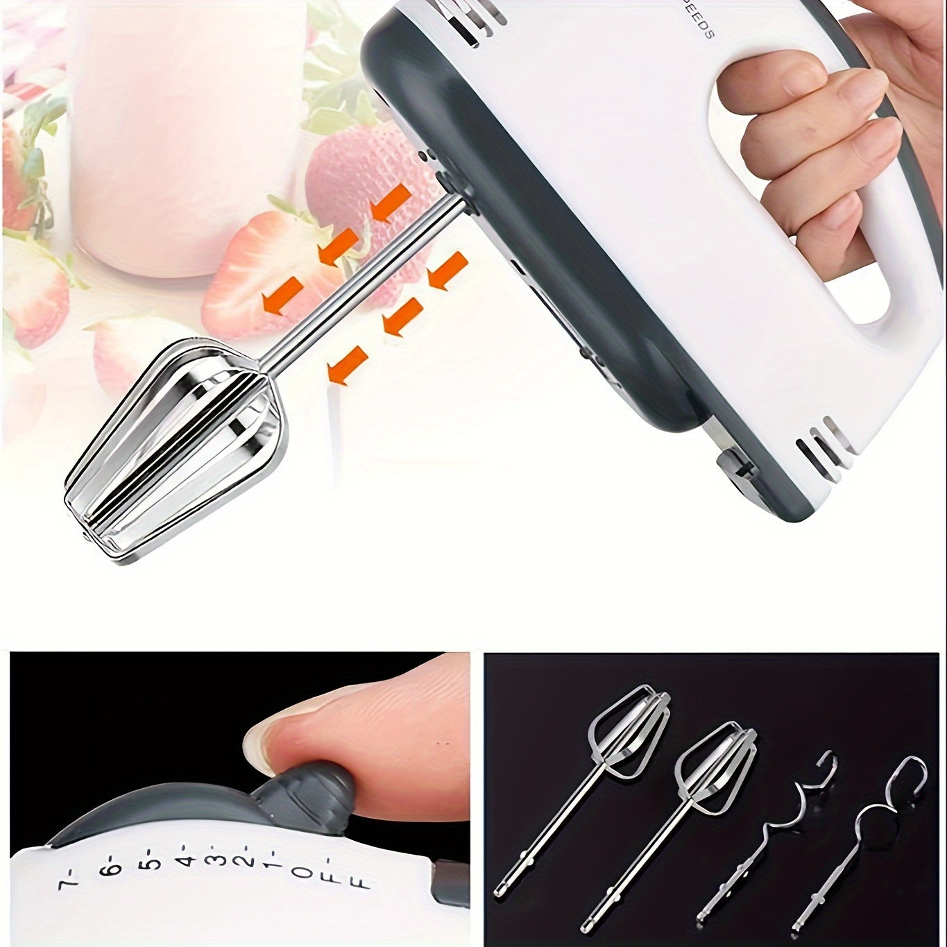 Electric Mixer 7-Speed Stainless Steel Beaters White Baking Whisk