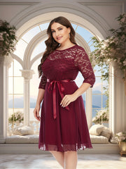 Plus Size Lace Tulle Wedding Dress A-Line Short Sleeve Maroon Formal Gown