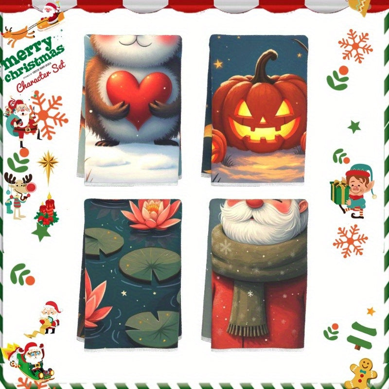 Set of 4 Holiday Kitchen Towels Reindeer Elk Christmas Trees Santa Canvas