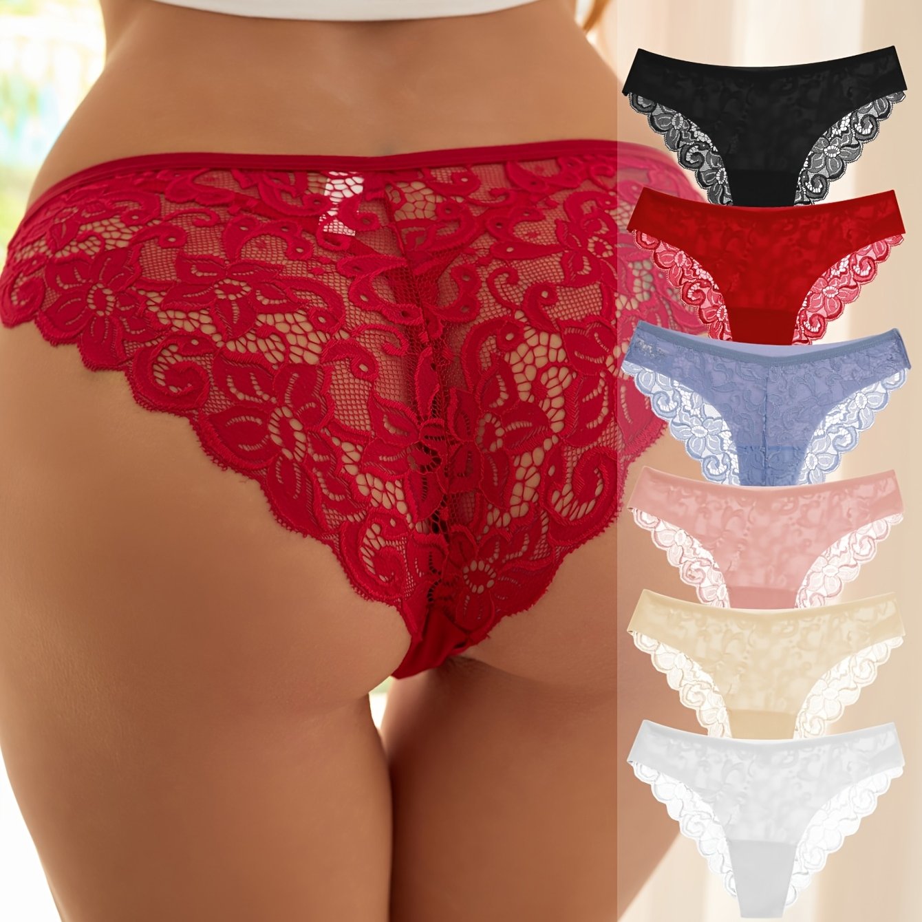 6-Piece Women's Low-Rise Lace Panties Set Breathable Nylon Floral Pattern Multiple Colors