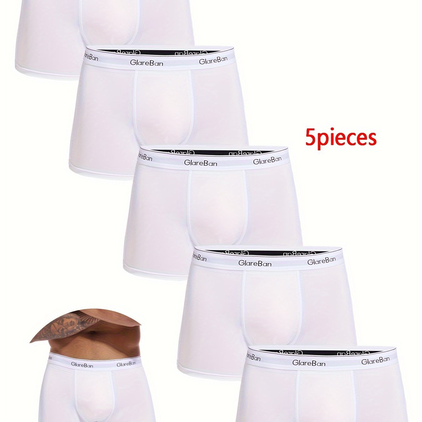 Men's White Boxer Shorts 5 Pack Polyester Blend Elastic Waist Breathable Durable