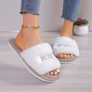 White Women's Plush Slippers with "HOME" Embroidery Indoor Cozy Furry Slip-Ons