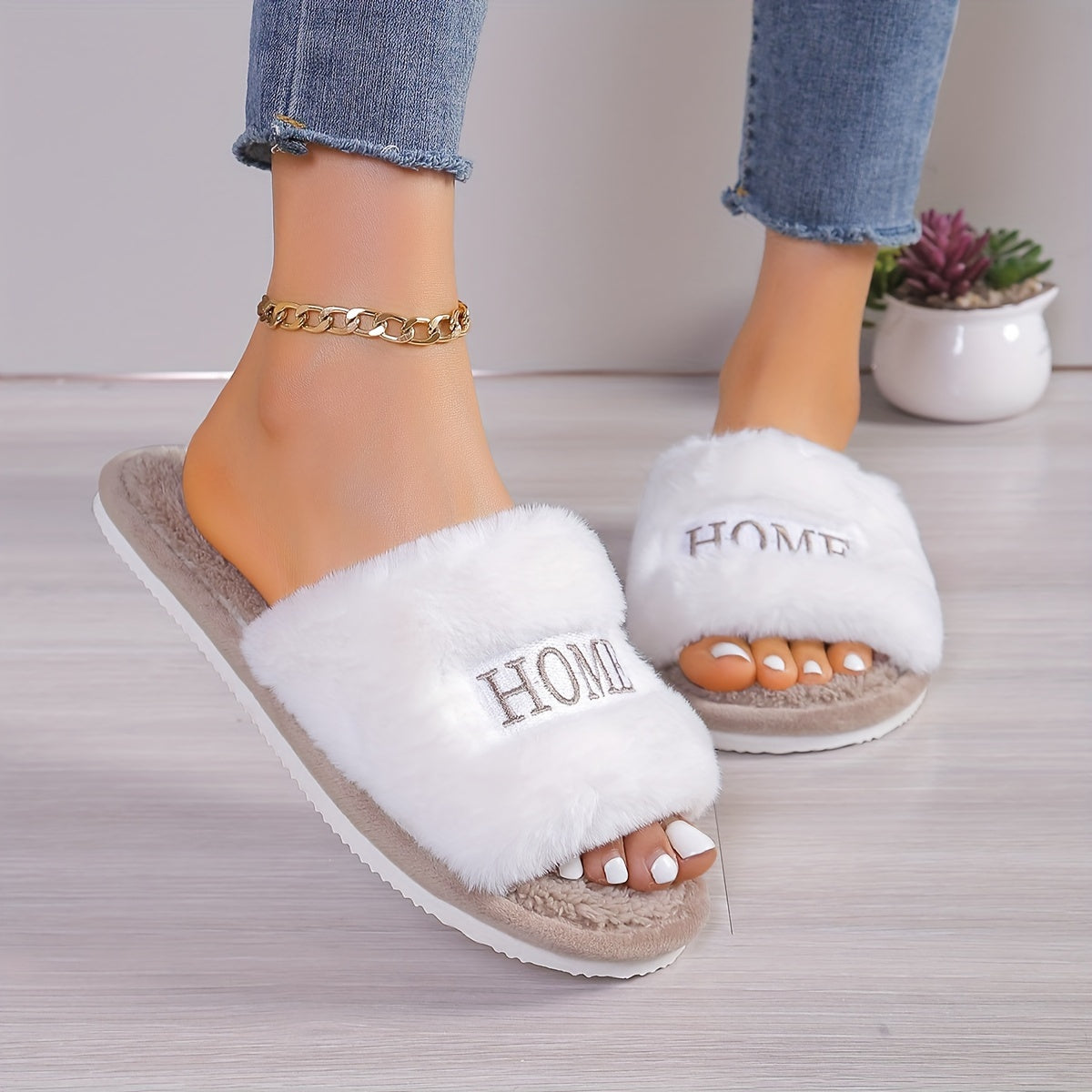 White Women's Plush Slippers with "HOME" Embroidery Indoor Cozy Furry Slip-Ons