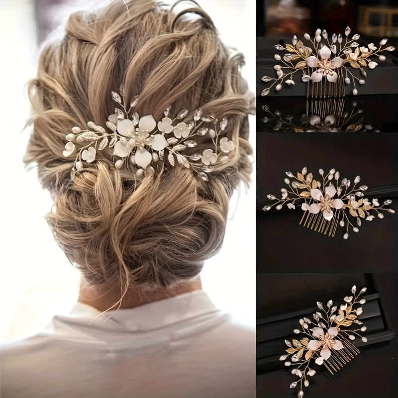 Bridal Hair Comb Faux Pearls Rhinestone Flower Wedding Hair Accessory for Women