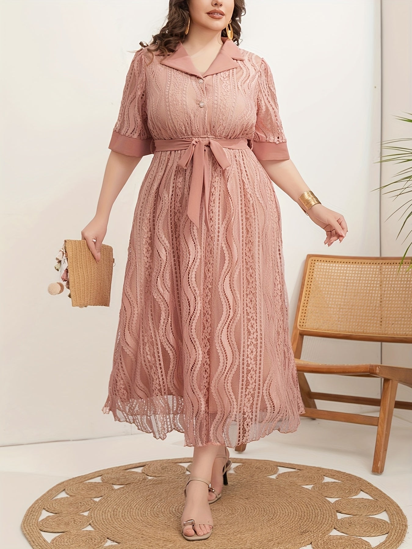 Women's Polyester V-Neck Tunic Dress Belted Solid Color Plus Size