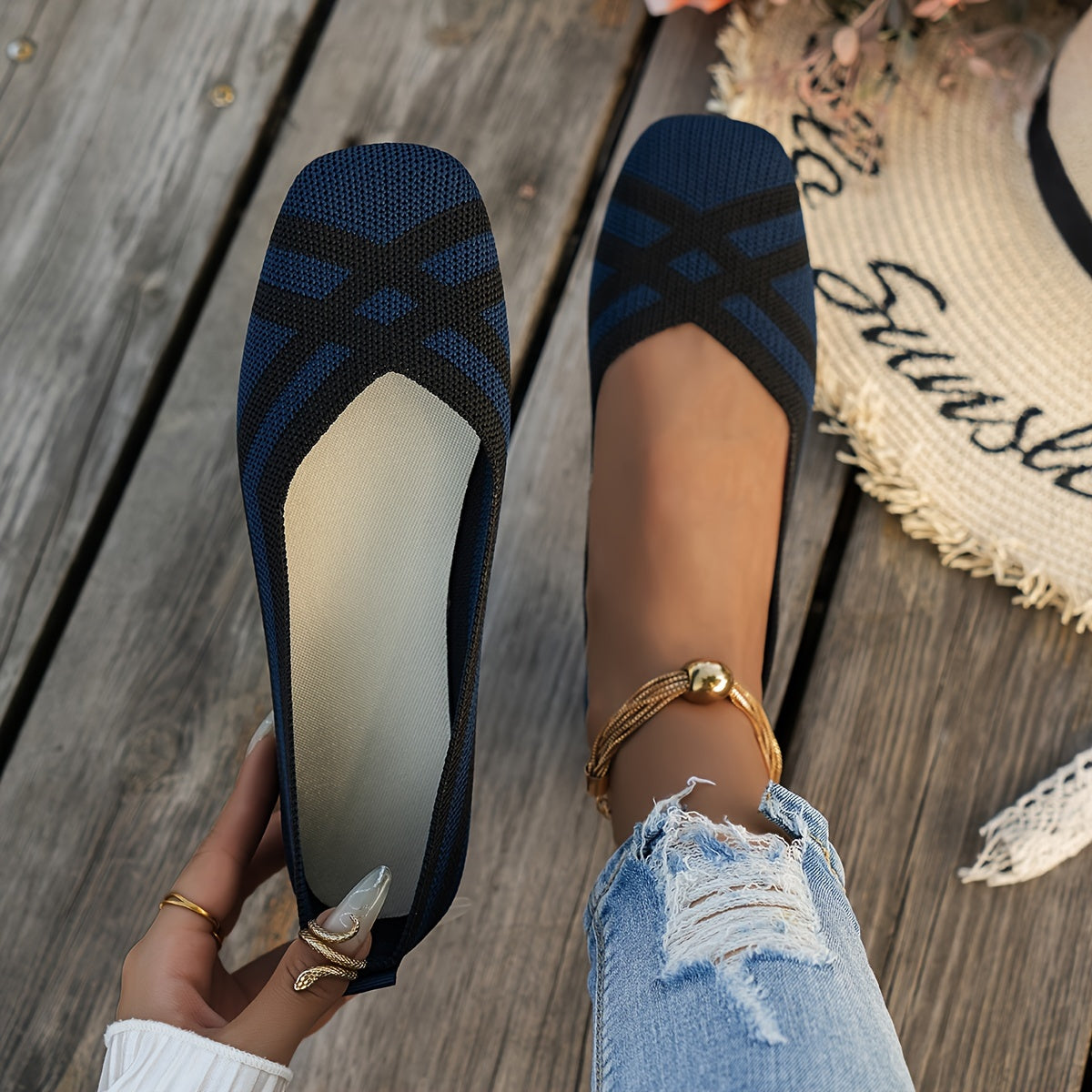 Women's Breathable Non-Slip Ballet Flats with Square Toe and Cross Strap Black White