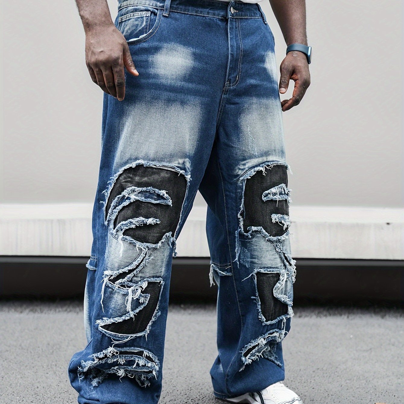 Erkaklar uchun Plus o'lchamdagi to'g'ri oyoqli denim shimlar, geometrik patchwork va yuvilgan to'liq rang