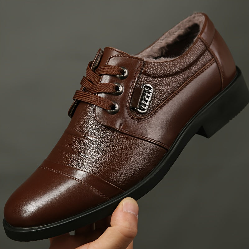 Men's Leather Derby Shoes with Plush Lining and Rubber Sole for Casual and Business Wear