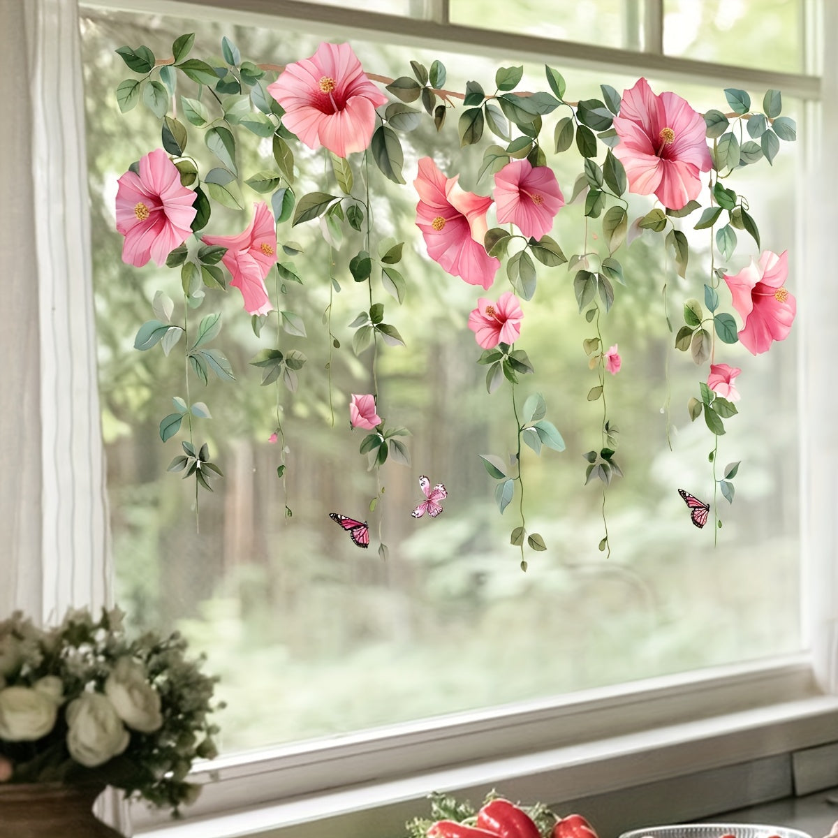 Pink Flower Window Decals with Butterfly, Self-Adhesive Glass Sticker, Removable Murals