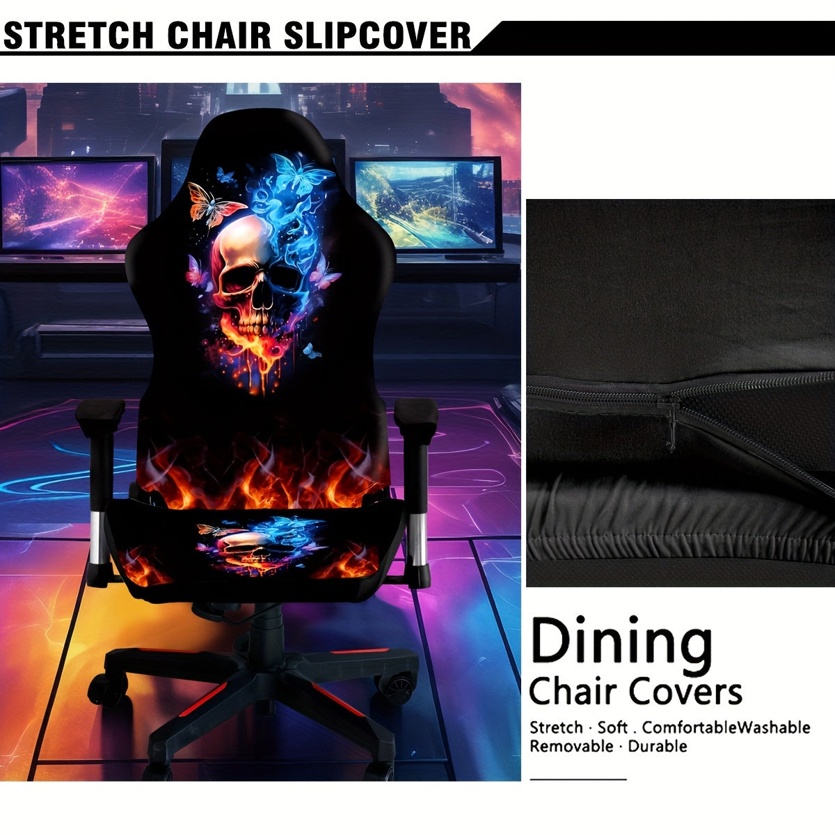 Stretchable Gaming Chair Cover with Eclectic Skull Digital Print Made of Milk Fiber Fabric