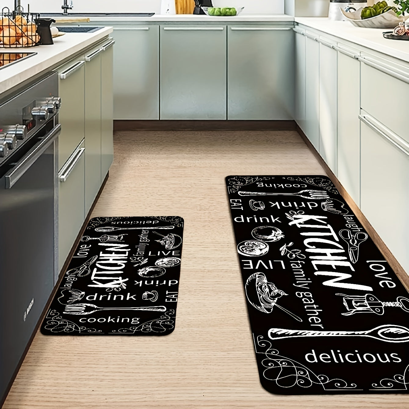 Qora oshxona mato, pichoq va qoshiq naqshli, sirpanishga qarshi, yuviladigan polyester gilam, pol uchun kirish