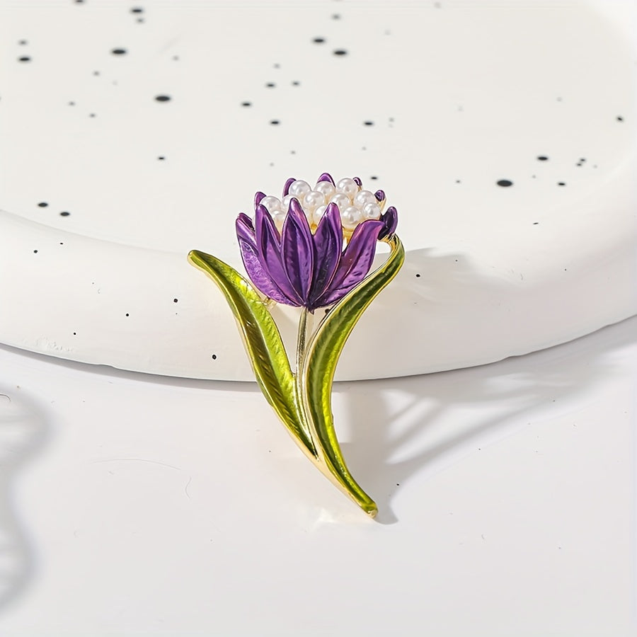 Women's Tulip-Shaped Brooch with Faux Pearl Decoration for Dresses and Coats
