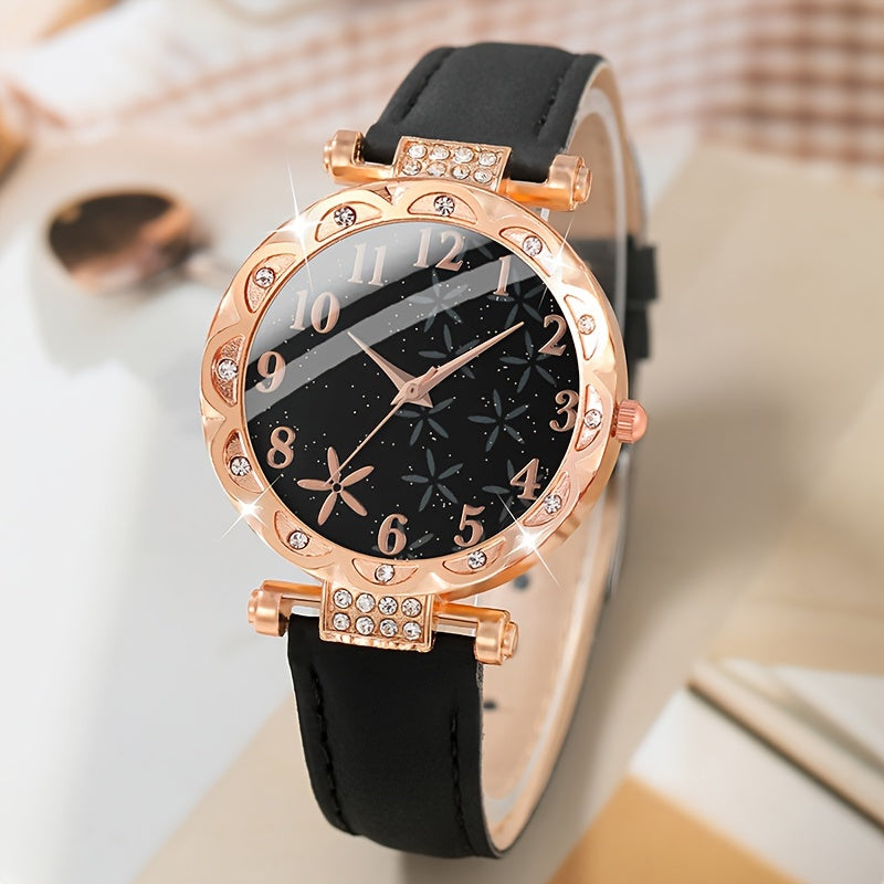 Women's Quartz Watch Set with Rhinestone Flower Detail and Jewelry Gift Set