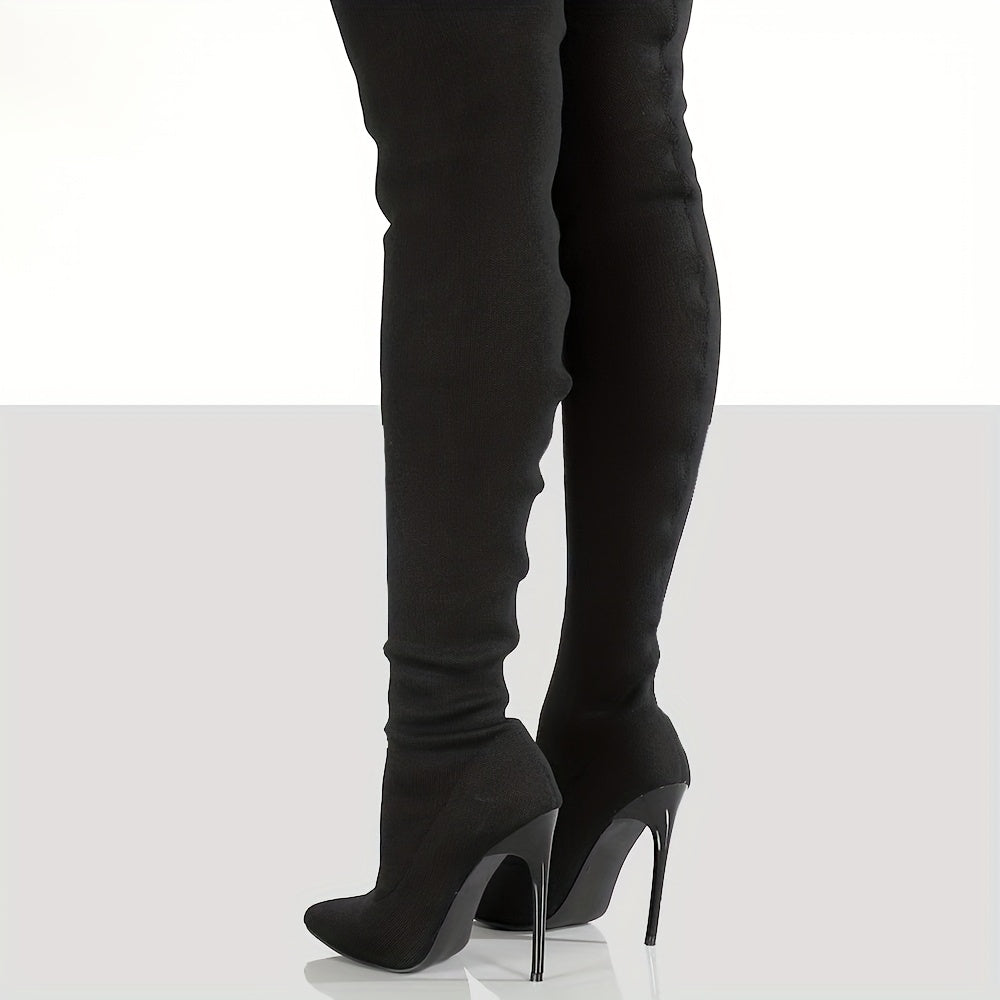 Women’s Over-the-Knee Black Leather Pointed Toe Stiletto Boots