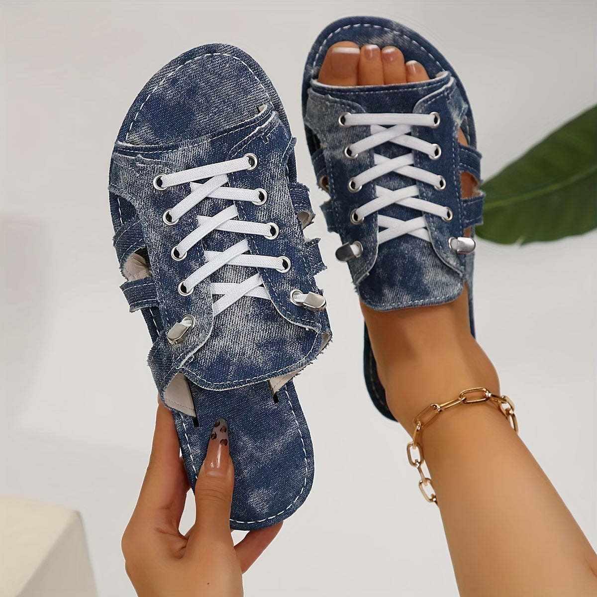 Women Denim Flat Sandals Open Toe Slip-On Casual Shoes for Summer Outdoor
