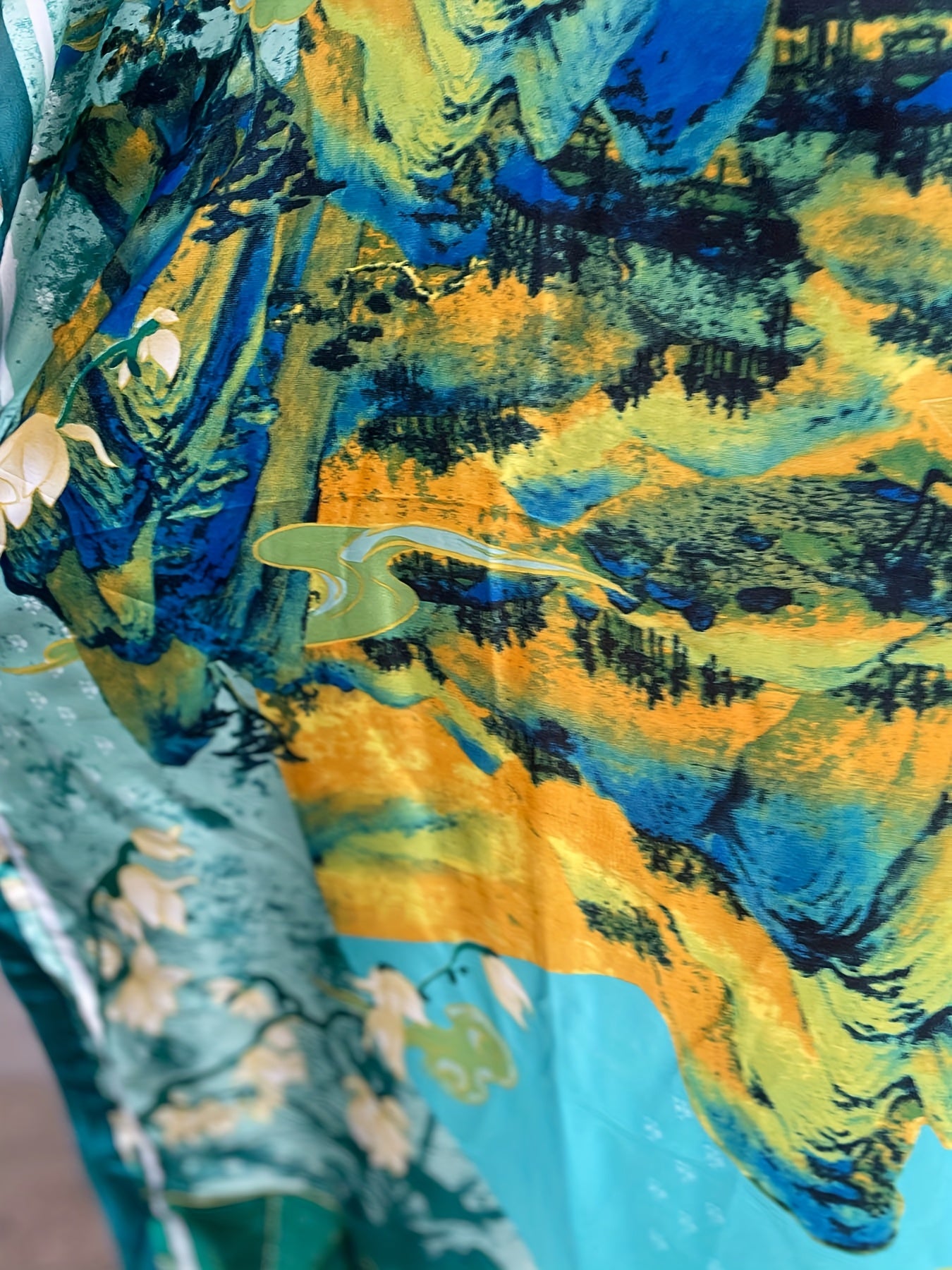 Платье для женщин больших размеров с цветочным принтом и рукавами-крылышками и шарфом, цвет: бирюзовый и желтый