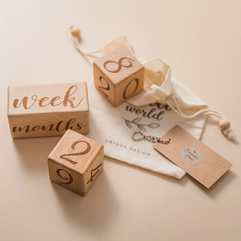 Wooden Milestone Blocks Set for Baby Photos and Growth Memories Light Brown with Drawstring Bag