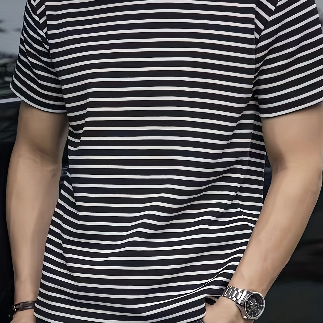 Camiseta de manga corta de cuello redondo a rayas casual para hombre, poliéster y spandex, ropa de verano