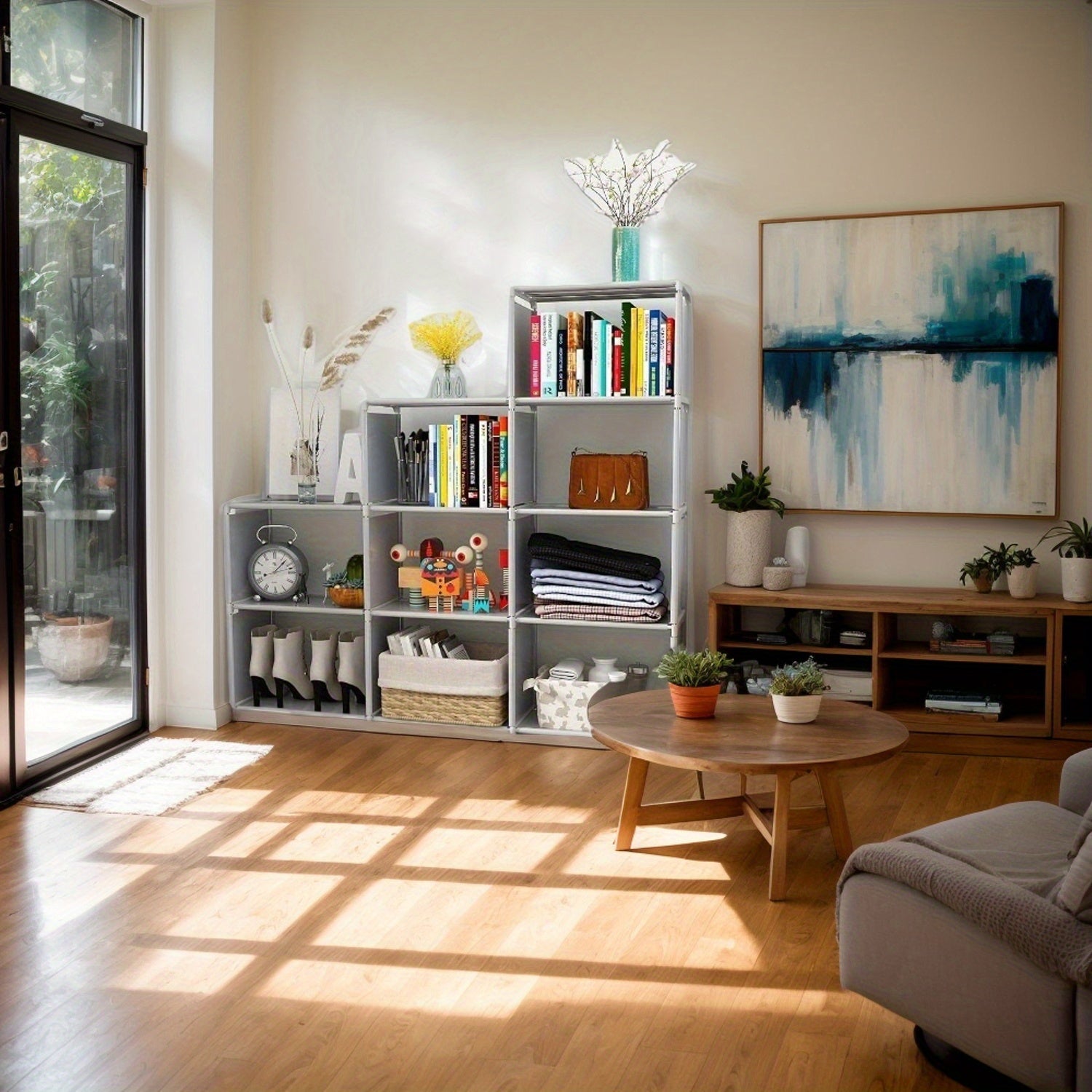 9-Compartment Waterproof Metal Bookcase with Reinforced Steel Tubes in Grey