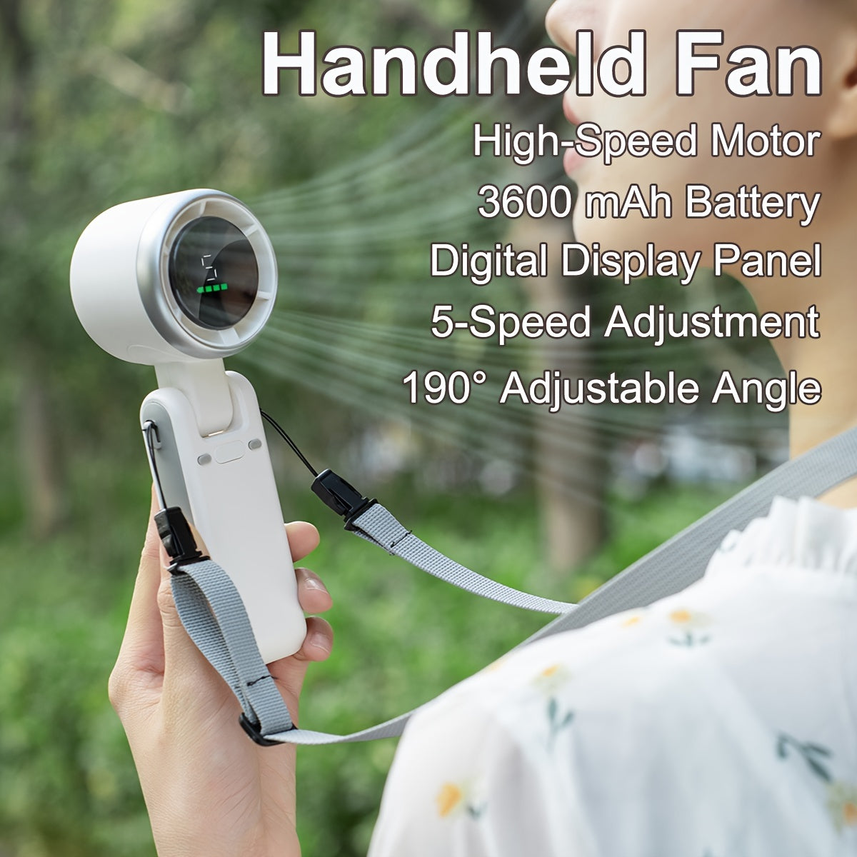 Portable Handheld Fan with Digital Display 5-Speed Rechargeable Battery Indoor Outdoor
