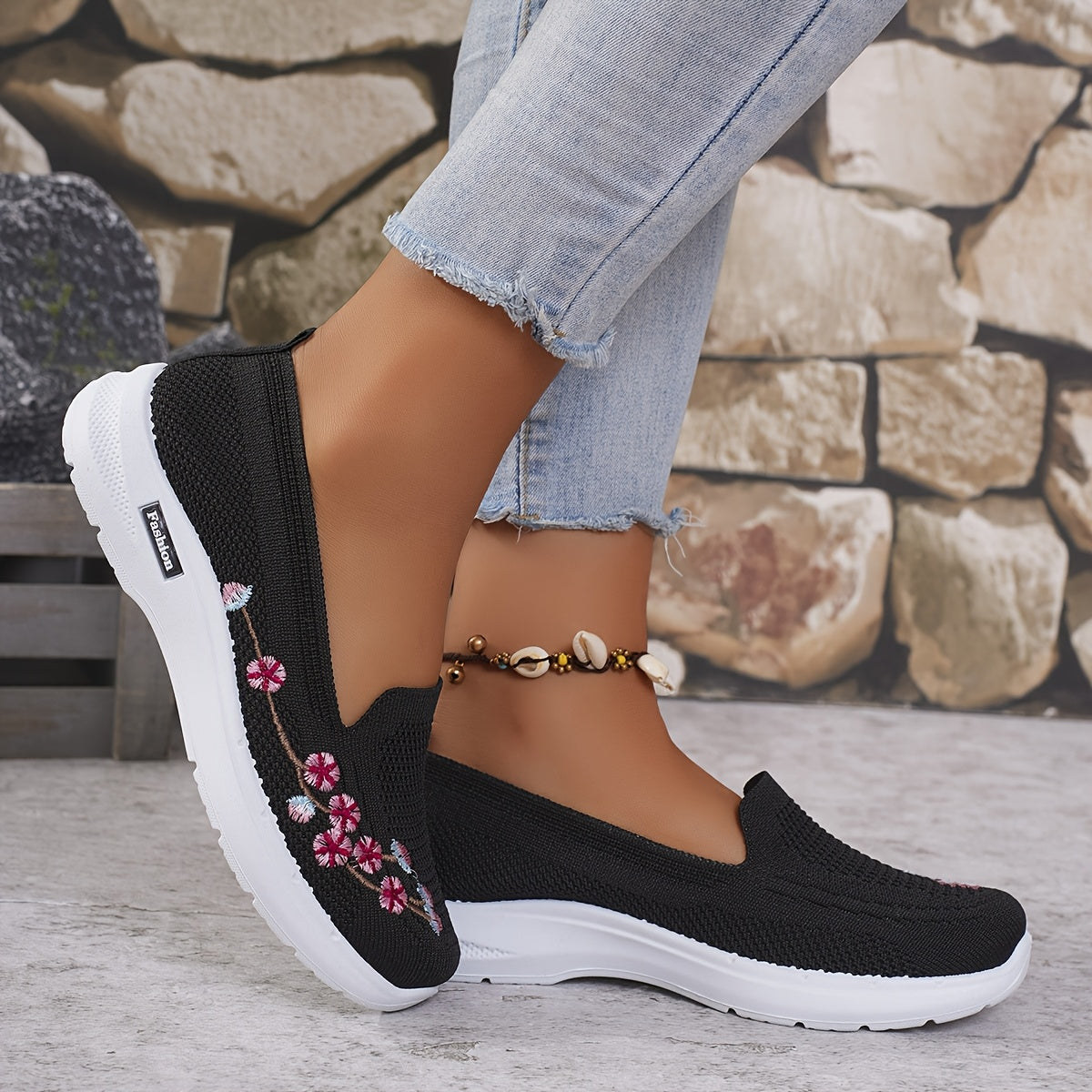 Women's Light Blue Slip-On Sneakers with Floral Embroidery for Summer Walks