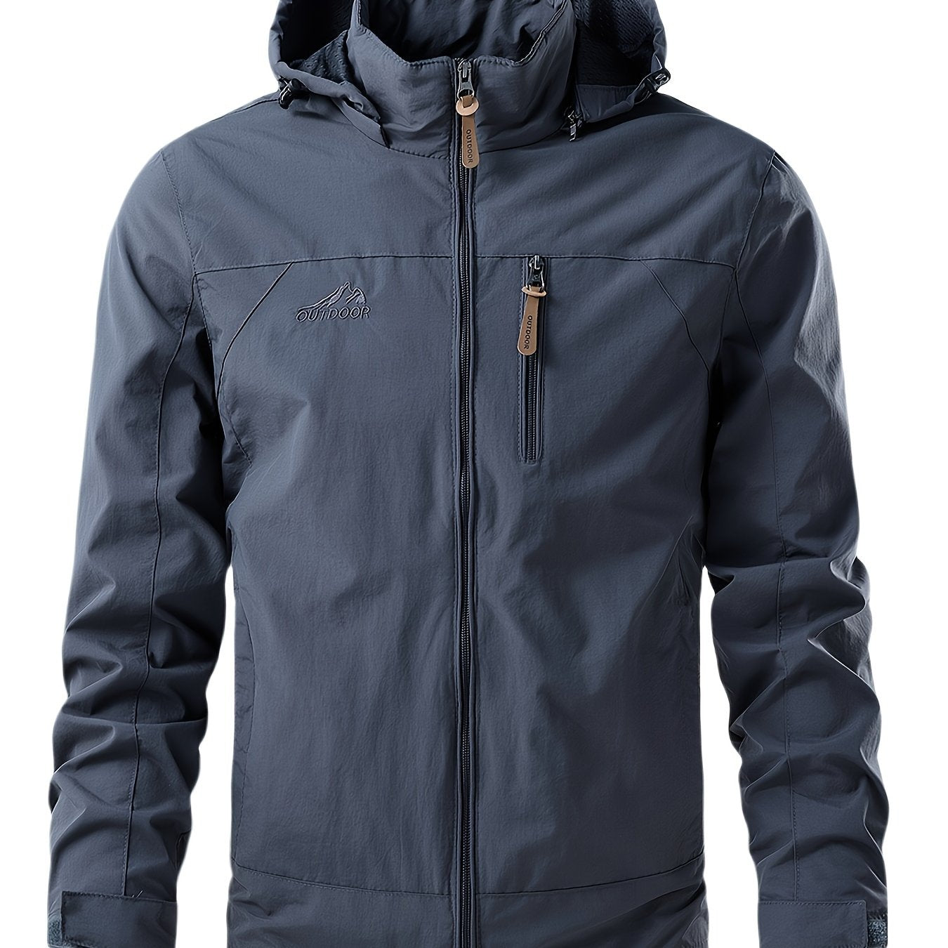 Erkaklar uchun suv o'tkazmaydigan, shamol o'tkazmaydigan, tikuvli dizaynga ega, bir nechta cho'ntaklari, krujka yelkalari, oddiy yenglari, fermuarli plakat bilan 100% polyester nylon materialidan tayyorlangan.