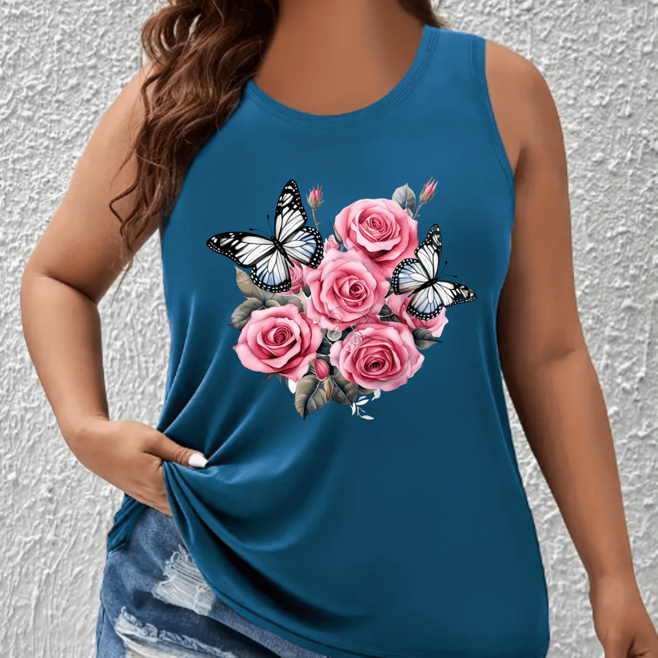 Top sin mangas de verano casual para mujer talla grande con estampado de mariposas y flores