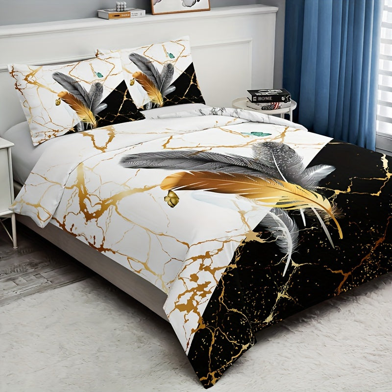 3-Piece Duvet Cover Set Black and White Marble Feather Print Breathable Polyester All-Season
