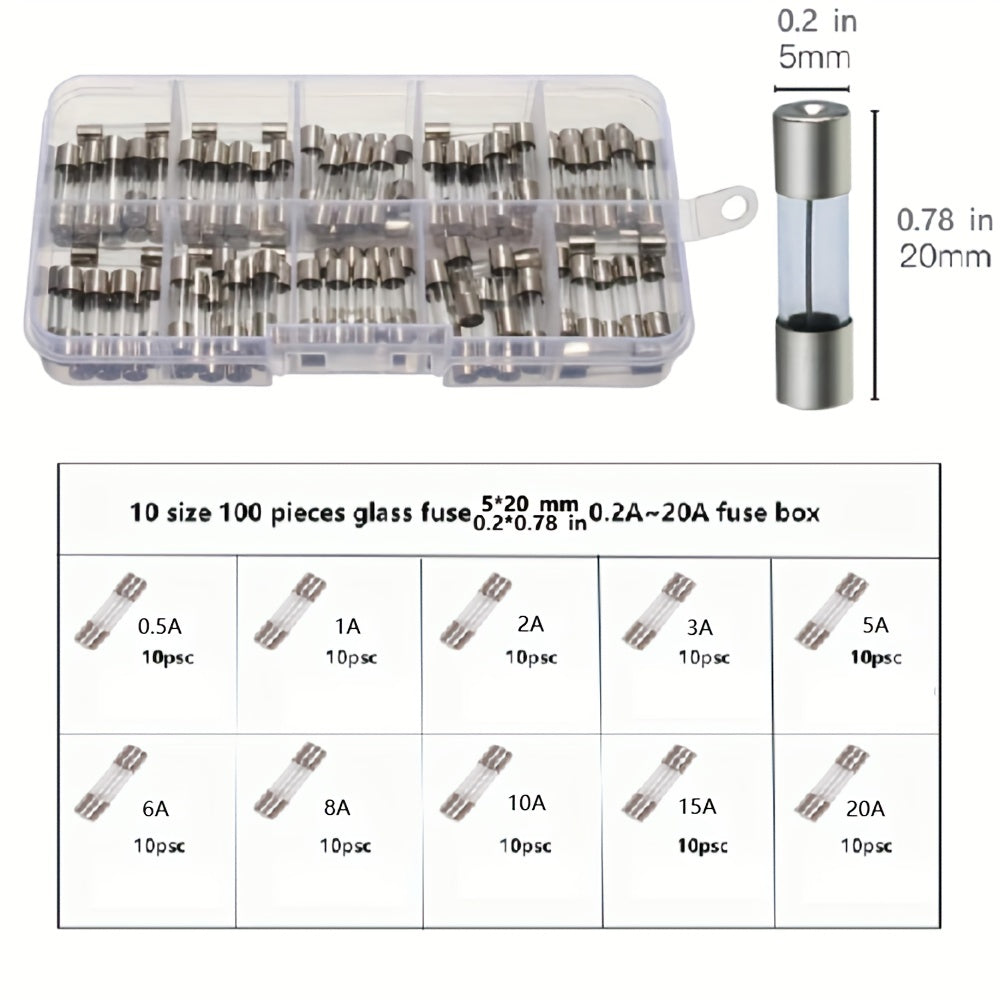 100-Piece Glass Fuse Assortment Kit 5x20mm 0.2A–20A for Electronics