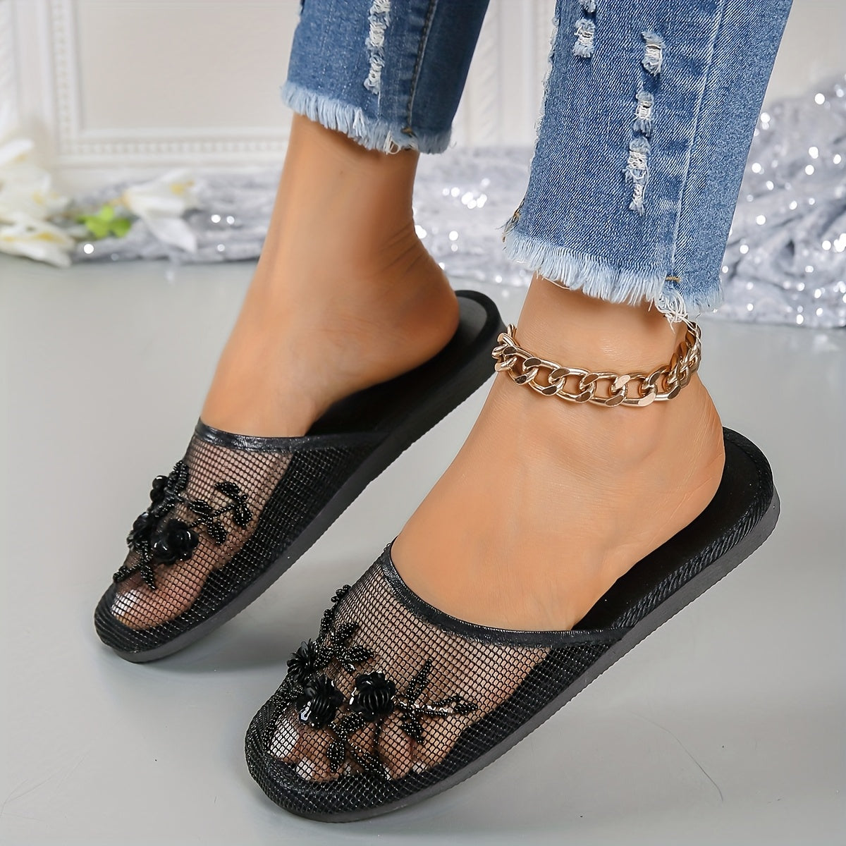 Women's Flat Sandals With Flower Sequins and Beaded Detail