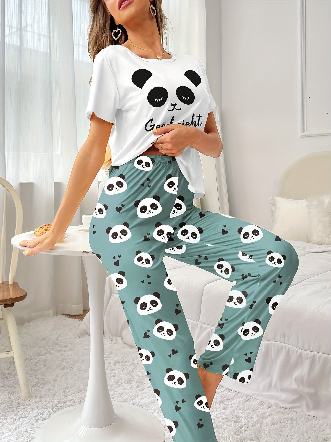 Women's Panda Print Pajama Set Short Sleeve Top Long Pants Casual Comfortable Polyester