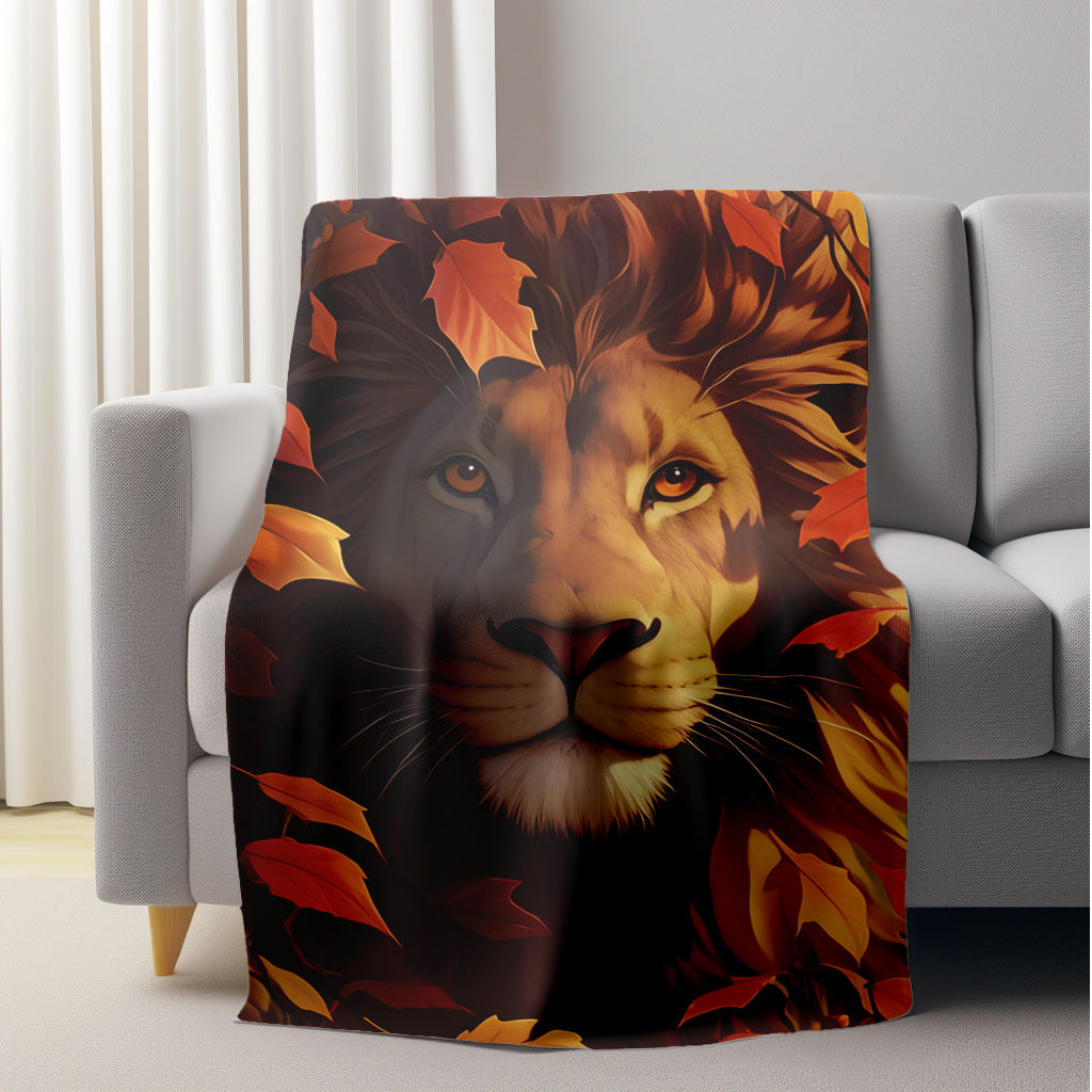 Autumn Lion Portrait Flannel Throw Blanket Soft Warm Anti-Tear Digital Print