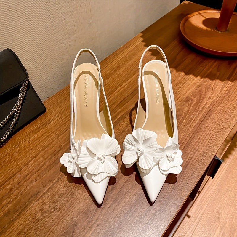Women's Pointed Toe High Heel Shoes with 3D Flower Embellishments Black White for Weddings Parties