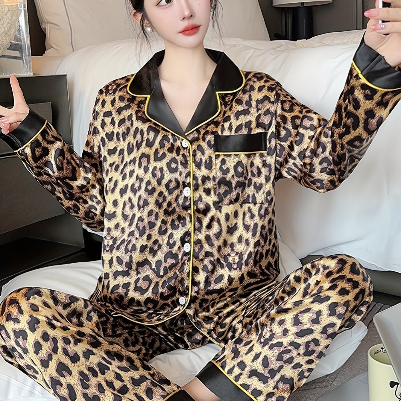 Women's Leopard Print Pajama Set Long Sleeve Lapel Collar Polyester Spandex Fall Winter
