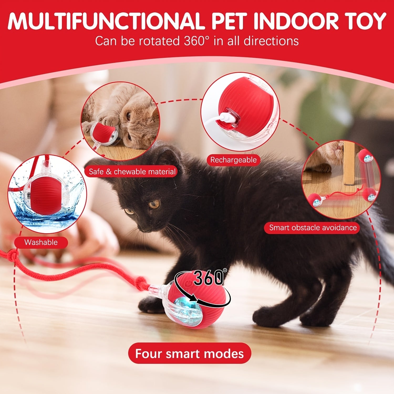 360° Interactive Pet Toy for Cats and Dogs Red Silicone Ball with Rope Handle USB Rechargeable