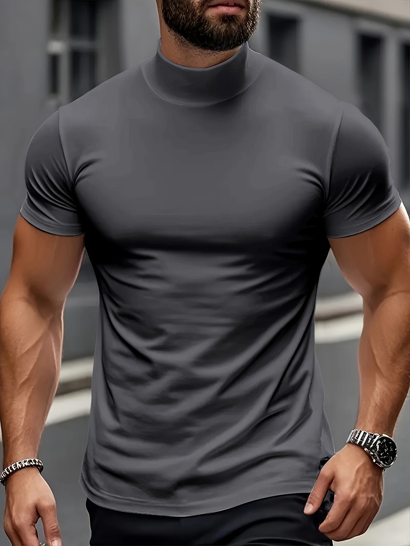Men's Slim Fit Short Sleeve T-Shirt with Stand Collar Breathable Polyester Spandex for Gym and Outdoor Activities
