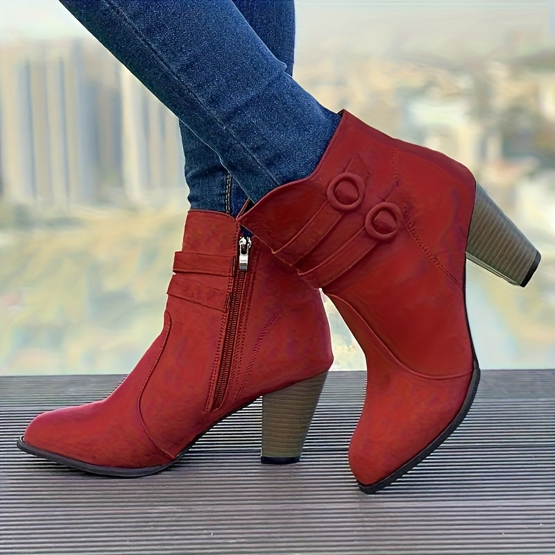 Women Red Ankle Boots with Chunky Heel Zipper Pointed Toe