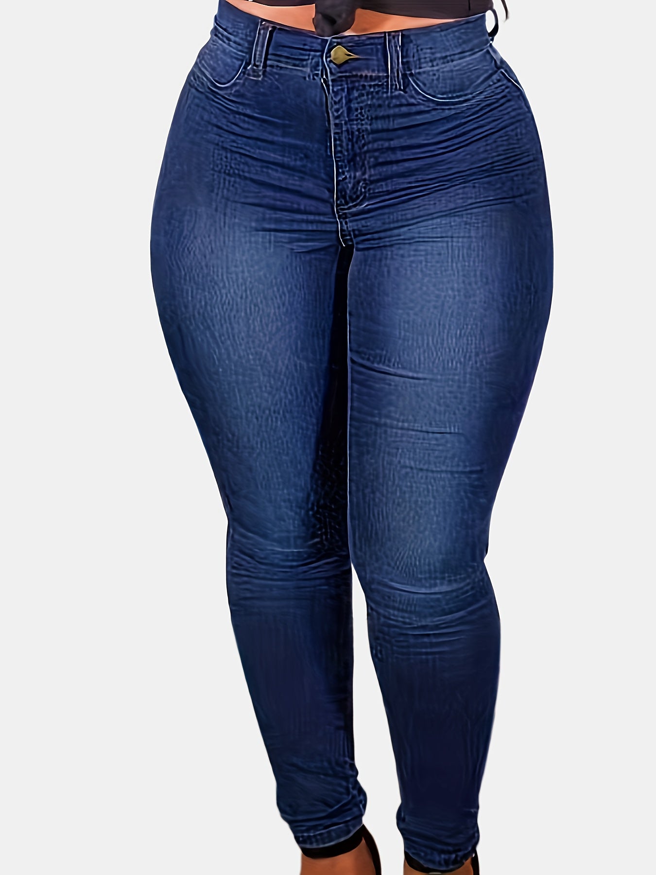 Plus Size Women's High-Waist Blue Denim Jeans Casual Slim Fit Long Length