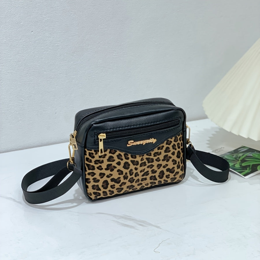 Bolso bandolera de leopardo para mujer, pequeño, de PU negro, casual, con bolsillo para teléfono y monedero
