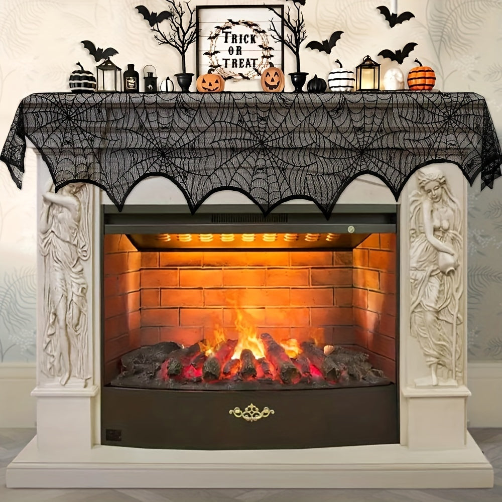 Black Lace Fireplace Scarf with Spiderweb Design, 50.8x200.66 cm, Halloween Decor